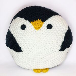 Handmade Penguin Round Throw Pillow Crochet Bedroom Decor 12”